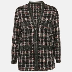 Maje Black Faux Leather Trim Tweed Jacket L
