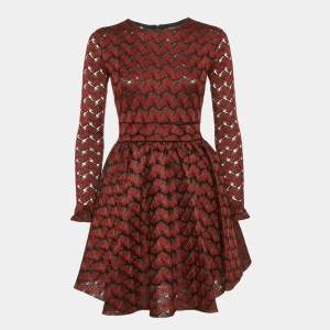 Maje Red Floral Embroidery Mesh Flared Mini Dress S