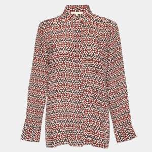 Maje Tricolor Geometric Print Silk Button Front Shirt L