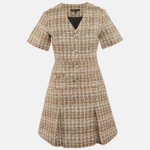 Maje Brown Lurex Tweed V-Neck Mini Dress S
