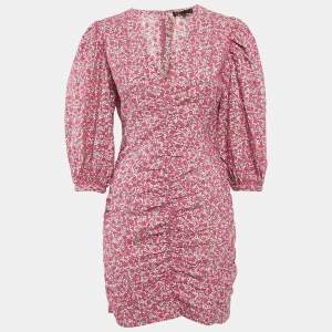 Maje Fuchsia Pink Floral Print and Embroidery Puff Sleeve Mini Dress L