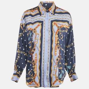 Maje Blue/Multicolor Chain Print Viscose Crop Top and Shirt Set M