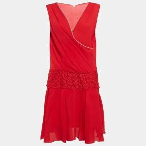 Maje Red Embroidered Tulle Trim Crepe Short Dress M