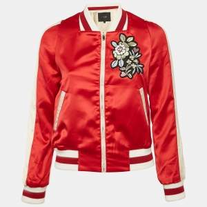 Maje Red Floral Applique Satin Bomber Jacket S