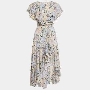 Maje Blue Floral Print Crepe Ruffled Mini Wrap Dress XS