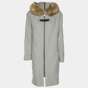 Maje Grey Wool Blend and Faux Fur Hood Coat S