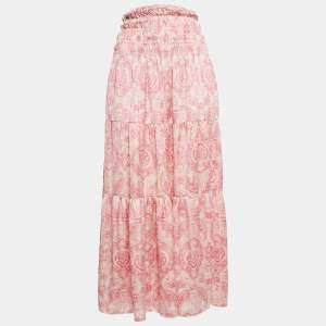 Maje Pink Paisley Print Satin Silk Smocked Maxi Skirt S