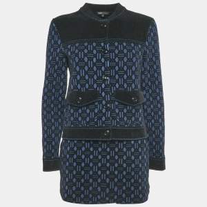Maje Navy Blue Monogram Jacquard Jacket and Skirt Set M