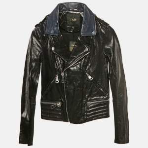 Maje Navy Blue Leather Zip-Up Leather Jacket S