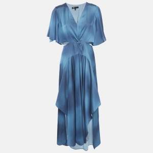 Maje Blue Ombre Satin Cut-Out Asymmetric Midi Dress L