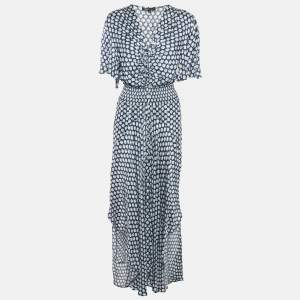 Maje Navy Blue Printed Crepe Shirring Maxi Dress L