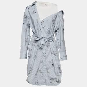 Maje Blue Striped Printed Cotton & Knit Off Shoulder Belted Shirt Dress M