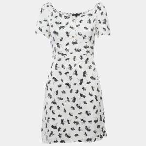 Maje White Patterned Crepe Printed Smocked Mini Dress S