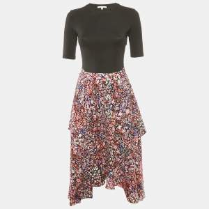 Maje Black/Multicolor Floral Print Cotton and Crepe Asymmetric Dress M