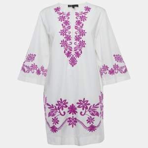 Maje White Floral Embroidery Cotton V-Neck Mini Dress M
