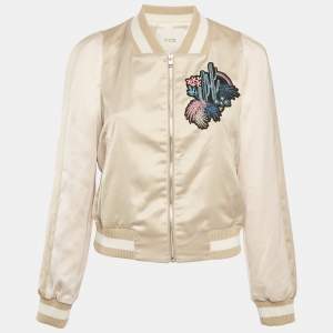 Maje Beige Cactus Applique Satin Bomber Jacket L