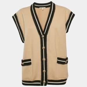 Maje Beige Knit Contrast Embellished Detail Sleeveless Oversized Cardigan S