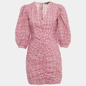 Maje Pink Floral Print Cotton Broderie Anglaise Ruche Mini Dress S