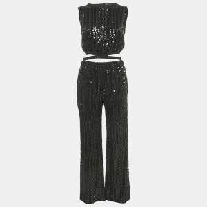 Pre Owned Maje Black Sequin Cut-Out Crop Top & Wide Leg Pants Set S 