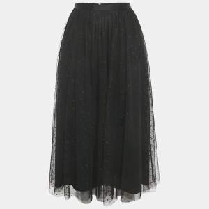 Pre Owned Needle & Thread Black Patterned Tulle Flared Midi Skirt S