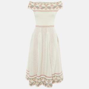 Pre Owned Maje Cream Patterned Knit Off Shoulder Remord Midi Dress S
