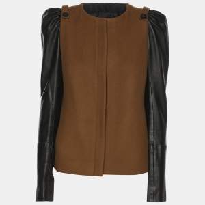 Pre Owned Maje Khaki/Black Wool Blend and Leather Zip Jacket S