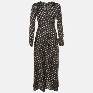 Pre Owned Maje Black Floral Print Satin Ruche Sleeve Midi Dress S