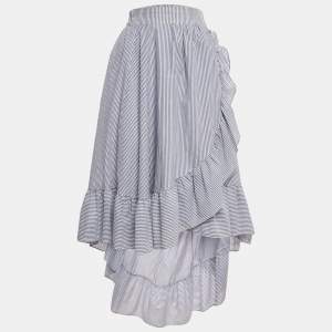 Pre Owned Maje White/Blue Striped Cotton Blend Asymmetric John Skirt S