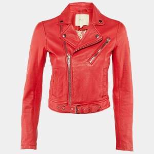 Pre Owned Maje Red Leather Bostep Biker Jacket S