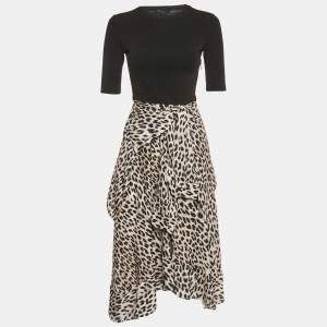 Pre Owned Maje Black Leopard Print Satin Asymmetric Midi Dress S