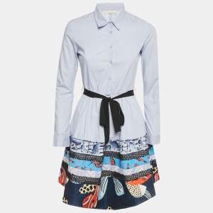 Pre Owned Maje Blue Printed Lace Detail Cotton Rafina Mini Shirt Dress S