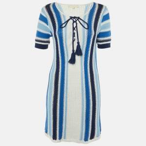 Pre Owned Maje Blue Striped Crochet Knit Reedlay Mini Dress L