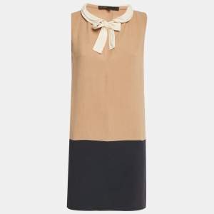Pre Owned Maje Beige/Navy Blue Crepe Neck-Tie Mini Dress M