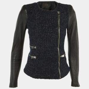 Pre Owned Maje Navy Blue /Black Tweed & Leather Zip Up Jacket S 