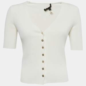 Pre Owned Maje White Rib Knit Logo Button Detail Top S