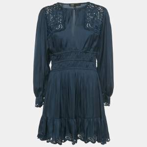 مملوكة مسبقًا فستان ميني ماج ريبرودا ساتان بتفاصيل قطع باللون الأزرق الداكن مقاس صغير