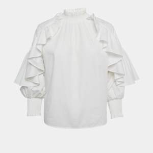 Pre Owned Maje White Cotton Ruffled Shirring Blouse S