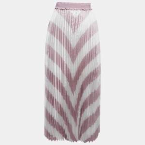 Pre Owned Maje White/Pink Striped Plisse Midi Skirt S