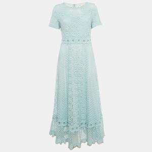 Pre Owned Maje Blue Lace Grommet Detail Scallop Midi Dress L 