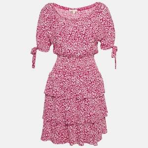 مملوكة مسبقًا Maje Red Animal Printed Crepe Tiered Off-Shoulder Mini Dress S