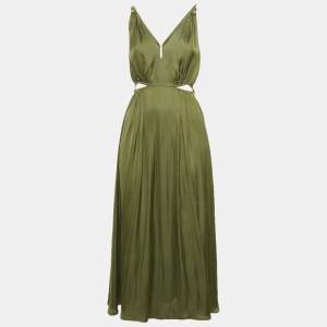 مملوكة مسبقًا Maje Olive Green Satin Rune Cutout Midi Dress S