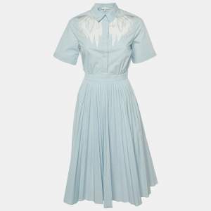 مملوكة مسبقًا Maje Light Blue Embroidered Detail Cotton Blend Pleated River Dress S