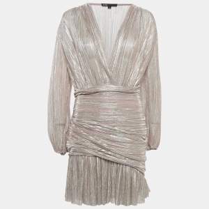 مملوكة مسبقًا Maje Pink Metallic Lurex Knit Draped V-Neck Mini Dress L