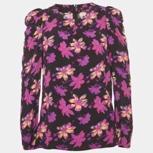 Pre Owned بلوزة ماج سوداء بطبعة زهور بكُم منتفخ كريب مقاس كبير - لارج