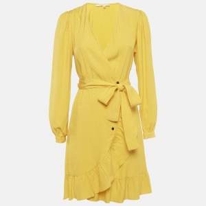 مملوكة مسبقًا Maje Yellow Jacquard Roseya Ruffled Wrap Dress S