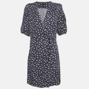 Pre Owned Maje Navy Blue Horse Print Jacquard Mini Wrap Dress M