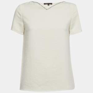 مملوكة مسبقًا ماج بلوزة كريب ليكا مزيّنة بالجواهر بياقة على شكل V لون إكرو مقاس متوسط - ميديوم