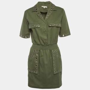 Pre Owned Maje Olive Green Denim Eyelet Detail Ramil Mini Dress M