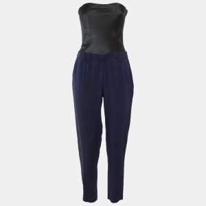 Pre Owned Maje Navy Blue/Black Crepe & Satin Strapless Jumpsuit S