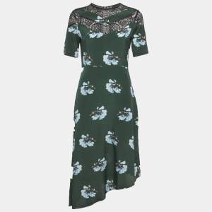 مملوكة مسبقًا فستان قصير ميني ماج بتفاصيل دانتيل وطبعة زهور باللون الأخضر من الحرير مقاس صغير